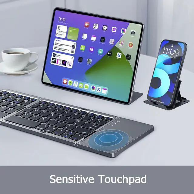Alt view image 9 of 12 - Foldable Bluetooth Keyboard with Touchpad, Ultra Slim Portable Wireless Keyboard with Rechargeable Battery for Android Windows iOS Tablets Laptop-Space Gray