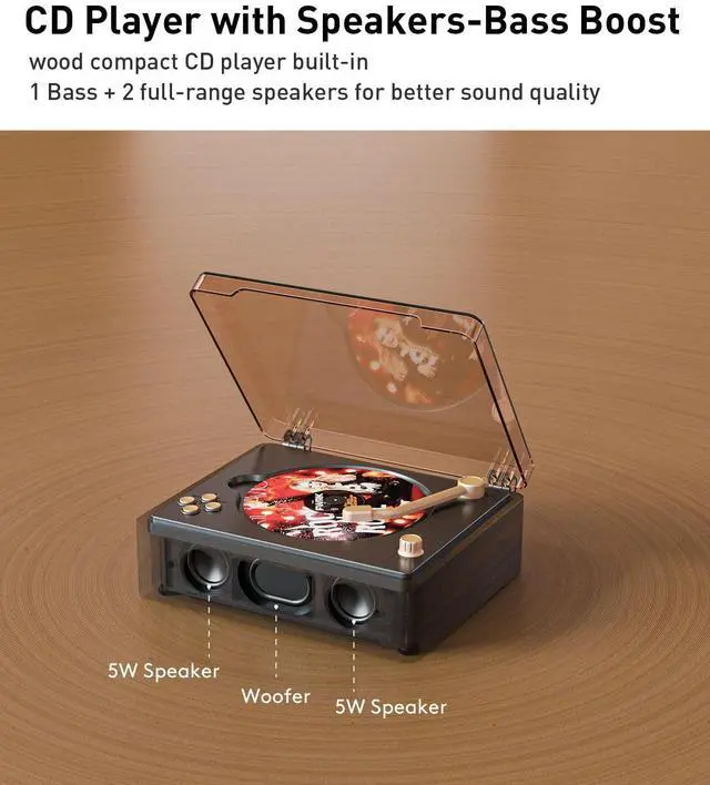Alt view image 8 of 14 - Retro Cd Player Can Rip to USB,Nostalgic Bluetooth CD Player for Home,Built-in Speakers with LCD Screen,Supports Coaxial/3.5mm/FM Radio with Remote Control-Wired Walnut Brown