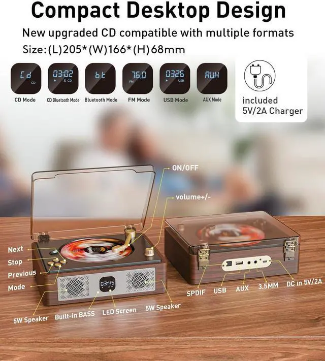 Alt view image 10 of 14 - Retro Cd Player Can Rip to USB,Nostalgic Bluetooth CD Player for Home,Built-in Speakers with LCD Screen,Supports Coaxial/3.5mm/FM Radio with Remote Control-Wired Walnut Brown
