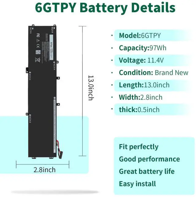 Alt view image 8 of 12 - 97Wh 6GTPY Battery for Dell XPS 15 9560 9570 9550 7590 Precision 5510 5520 5530 5540 Vostro 7500 7590 Series 4GVGH GPM03 1P6KD 5XJ28 M2X4 P56F P56F001 11.4V