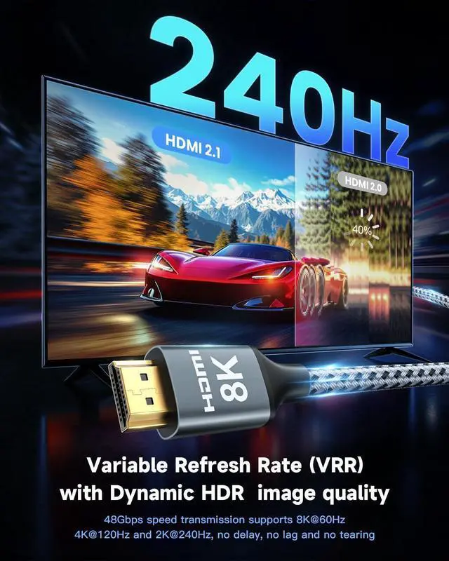 Alt view image 14 of 14 - 8K HDMI Cable 6FT 2-Pack, 48Gbps High Speed HDMI 2.1 Cable, 8K 60Hz, 4K 120Hz 144Hz Support for HDR 10, HDCP 2.2 2.3, eARC, DTS:X, Braided HDMI Cord Compatible with Laptop/HDTV - 6 Feet