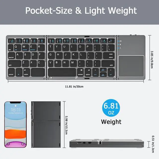 Alt view image 12 of 12 - Foldable Bluetooth Keyboard with Touchpad, Ultra Slim Portable Wireless Keyboard with Rechargeable Battery for Android Windows iOS Tablets Laptop-Space Gray