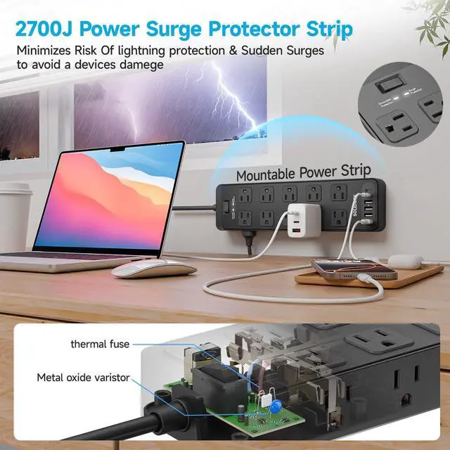 Alt view image 13 of 14 - 20 Outlet Power Strip with USB C,6Ft Extension Cord with Multiple Outlets, 2700 Joules Surge Protector,1875W/15A, ETL Listed for Home Office Dorm Gaming