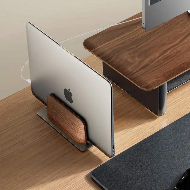 Alt view image 10 of 14 - Vertical Laptop Stand for Desk, Laptop Holder to Dock MacBook, MacBook Pro and Other Laptops, Black Walnut Wood