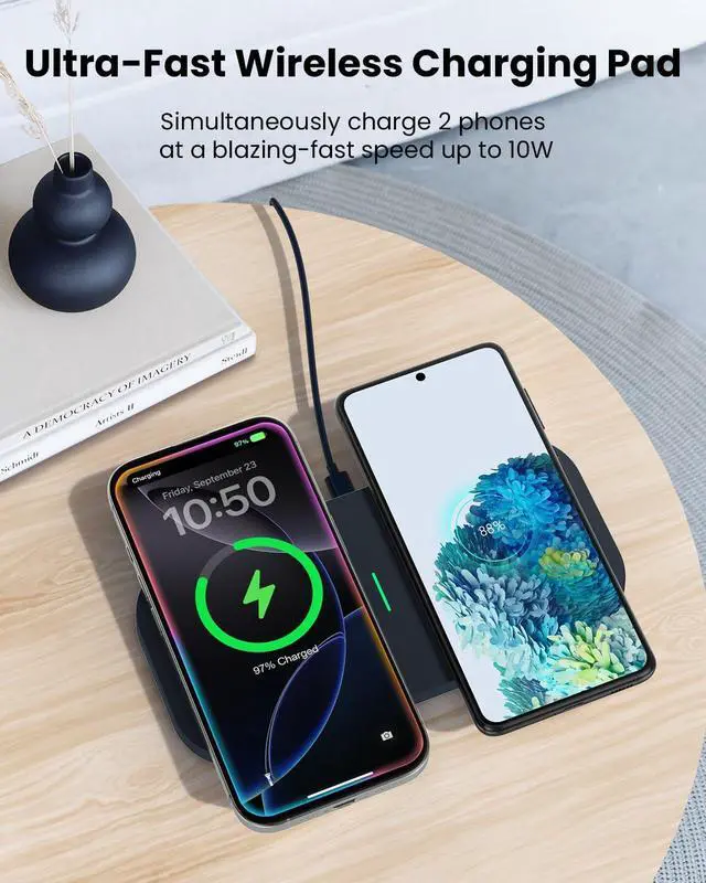 Alt view image 9 of 14 - Wireless Charger, 10W Max Dual Charging Pad for iPhone 17/16/15/14/13/12/11/XR/X/8, Airpods 4/3/2/Pro, Samsung Galaxy S25/S24/S23/S22/S21, QC 24W Adapter, Charging Adapter