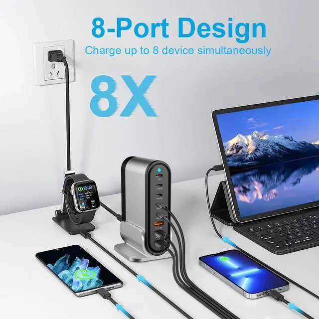 Alt view image 9 of 14 - USB C Fast Charger - 285W GaN 8 Port Fast Charging Station Tower Hub for Multiple Devices: Type C Fast Charger Block for MacBook iPad iPhone 17/16/15/14/13 Pro Max Samsung Galaxy, Google Pixel & More