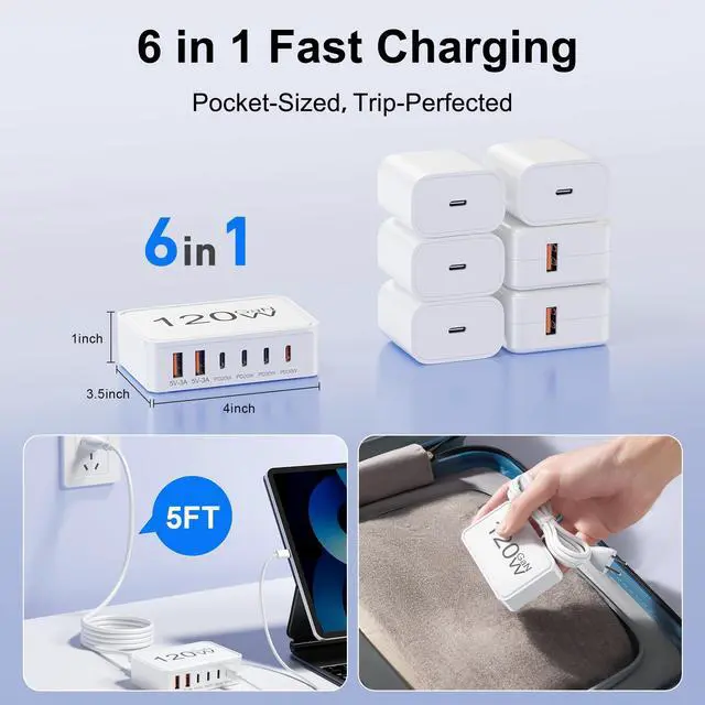 Alt view image 13 of 14 - USB C Charger Block,120W GaN 6 Port Type C Fast Charging Station Hub,5FT Cord USB C Wall Charger Adapter Plug for iPad, iPhone 17, 16, 15, 14, 13, 12 Pro Max, Pixel, Galaxy and More