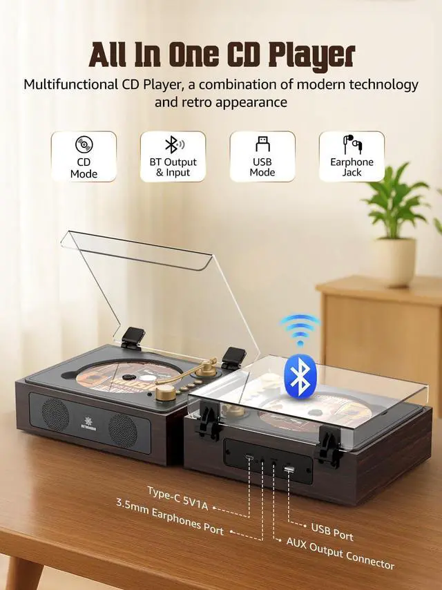 Alt view image 11 of 14 - CD Player with Built-in Speakers Bluetooth Retro Portable CD Players for Home Music Player with Remote Control Headphone Jack Walnut Brown