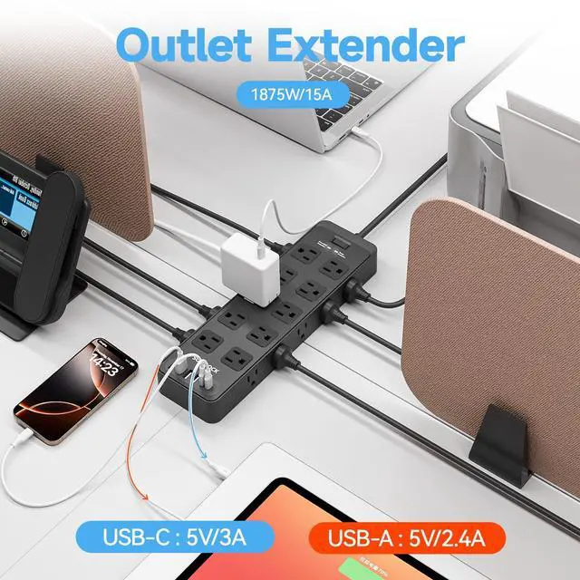 Alt view image 12 of 14 - 20 Outlet Power Strip with USB C,6Ft Extension Cord with Multiple Outlets, 2700 Joules Surge Protector,1875W/15A, ETL Listed for Home Office Dorm Gaming