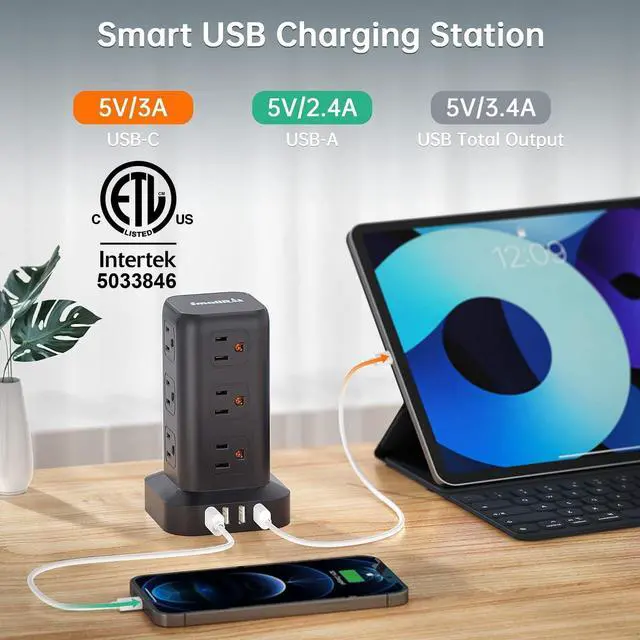 Alt view image 9 of 14 - Extension Cord with Multiple Outlets, Surge Protector Power Strip Tower, Outlet Extender with 12 AC Outlets 4 USB, 6.5FT Extension Cord for Home Dorm Room, Office Supplies,Overload Protection