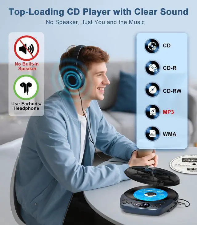 Alt view image 9 of 14 - Portable CD Player with Headphones, Rechargeable Discman CD Player for Car & Home, Small CD Players Portable with 60s Anti-Skip, Supports CD/MP3/WMA/TF Card/AUX, Backlit/Lock/Programmable/Timer