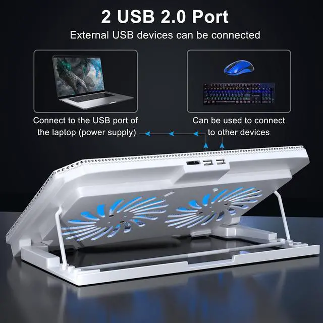 Alt view image 9 of 12 - Laptop Cooling Pad with Adjustable Height Two 5.1 Inches Fan 2 USB Ports Suitable for 12"-15.6" LaptopsWhite