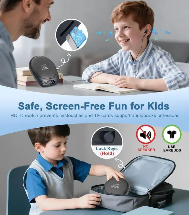 Alt view image 14 of 14 - Portable CD Player with Headphones, Rechargeable Discman CD Player for Car & Home, Small CD Players Portable with 60s Anti-Skip, Supports CD/MP3/WMA/TF Card/AUX, Backlit/Lock/Programmable/Timer