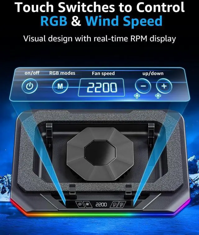 Alt view image 11 of 14 - RGB Laptop Cooling Pad for 13-19 Inch, Max 3500RPM Gaming Laptop Cooler, Cooling Pad Stand with Touch Switch to Control Speed, Laptop Fan Cooling Pad with Powerful 4.72 Inch Turbo Fan
