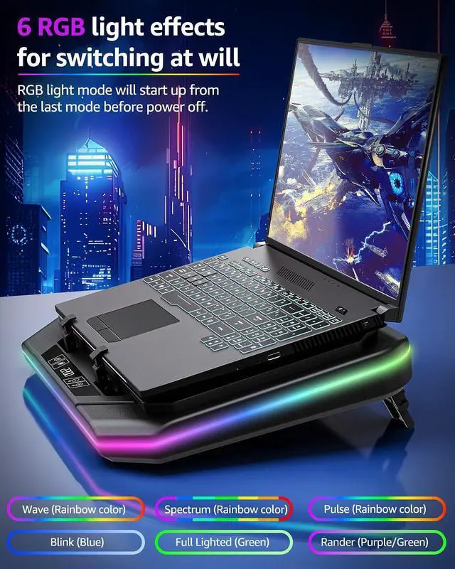 Alt view image 14 of 14 - RGB Laptop Cooling Pad for 13-19 Inch, Max 3500RPM Gaming Laptop Cooler, Cooling Pad Stand with Touch Switch to Control Speed, Laptop Fan Cooling Pad with Powerful 4.72 Inch Turbo Fan
