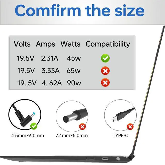 Alt view image 10 of 14 - 45W 19.5V 2.31A 741727-001 Laptop Charger Compatible with HP is 13252 213349-009 Pavilion 15 Notebook 740015-003 741553-850 HSTNN-DA40 TPN-LA15 Blue Tip Smart AC Power Adapter