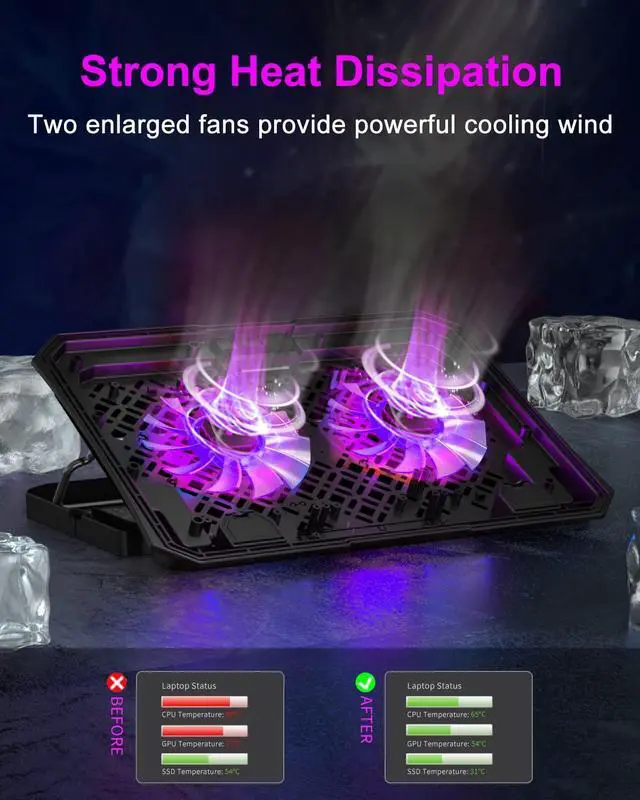 Alt view image 8 of 12 - Upgrade Laptop Cooling Pad, KeiBn Laptop Cooler 2 Fans for 10-15.6 Inch Laptops, 5 Height Stands, 2 USB Ports (S039-Purple)