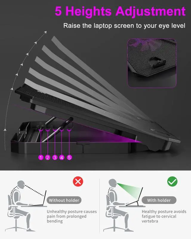 Alt view image 9 of 12 - Upgrade Laptop Cooling Pad, KeiBn Laptop Cooler 2 Fans for 10-15.6 Inch Laptops, 5 Height Stands, 2 USB Ports (S039-Purple)