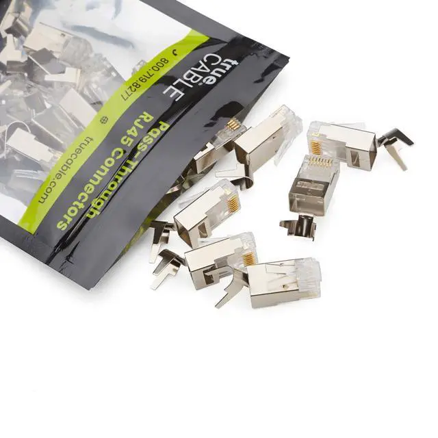 Alt view image 14 of 14 - Cat6/6A RJ45 Pass Through Modular Plugs, Shielded (STP) External Ground Connector, UL Listed, EZ Crimp, Gold Plated 3 Prong 8P8C, 20 Pieces