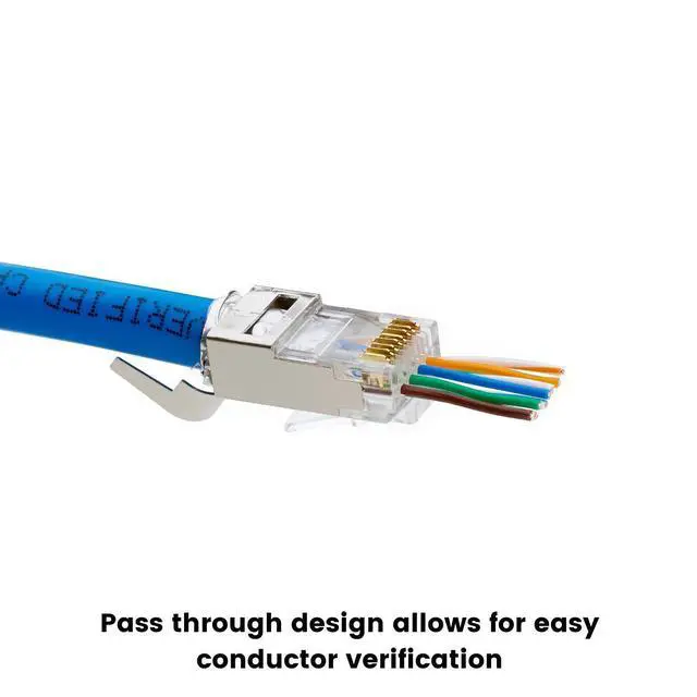 Alt view image 13 of 14 - Cat6/6A RJ45 Pass Through Modular Plugs, Shielded (STP) External Ground Connector, UL Listed, EZ Crimp, Gold Plated 3 Prong 8P8C, 20 Pieces