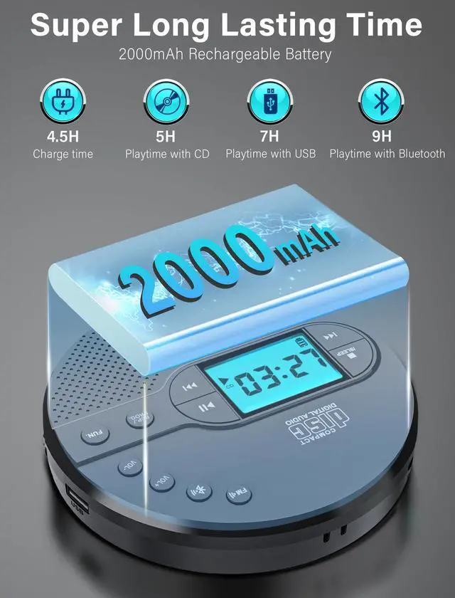 Alt view image 10 of 14 - Portable CD Player with 2000mAh Rechargeable Battery-Bluetooth Connect CD Player with 3.5mm Headphones Jack,FM Transmitter,LCD Screen,AUX,Built-in Speaker,USB MP3 Player, Anti-Shock Protection for Car