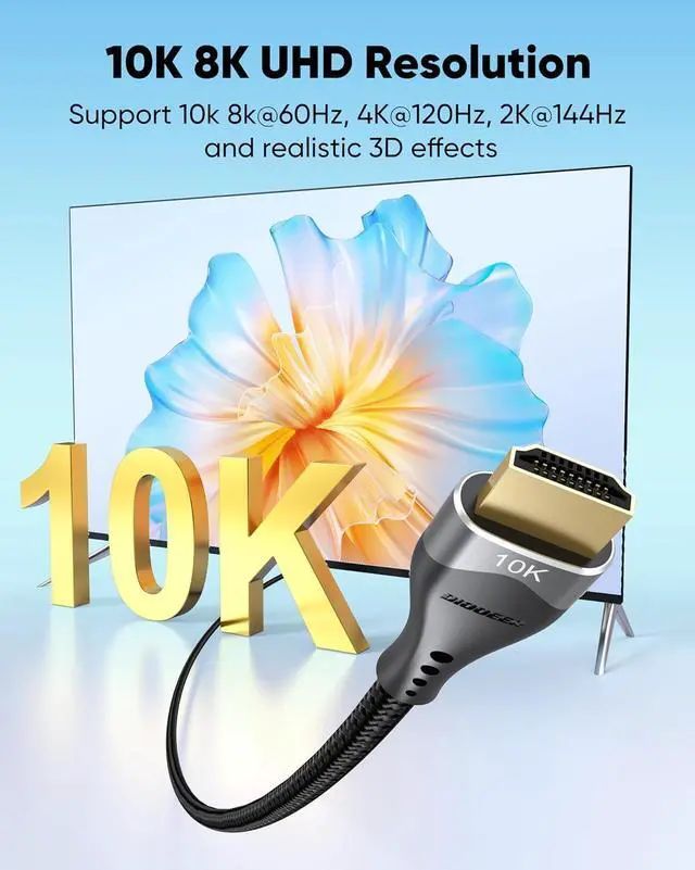Alt view image 10 of 14 - HDMI Cable 4FT 2-Pack 10K 8K 4K, HDMI 2.1 Cable 48Gbps Ultra High Speed HDMI Braided Cord 8K@60Hz, 4K@120Hz, eARC, HDR10+, HDCP2.3 for Laptop, Monitor, HDTV, Projector, PS5/PS4, Xbox