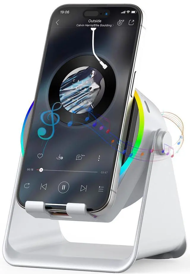Alt view image 8 of 13 - Wireless Induction Speaker, 4 in 1 Bluetooth Speaker Phone Stand with RGB Light, 360° Rotation Phone Holder Compatible with iPhone Android iPad Samsung Galaxy, Ideal Birthday Gift for Men Women