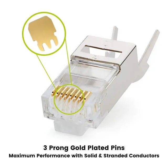 Alt view image 9 of 14 - Cat6/6A RJ45 Pass Through Modular Plugs, Shielded (STP) External Ground Connector, UL Listed, EZ Crimp, Gold Plated 3 Prong 8P8C, 20 Pieces