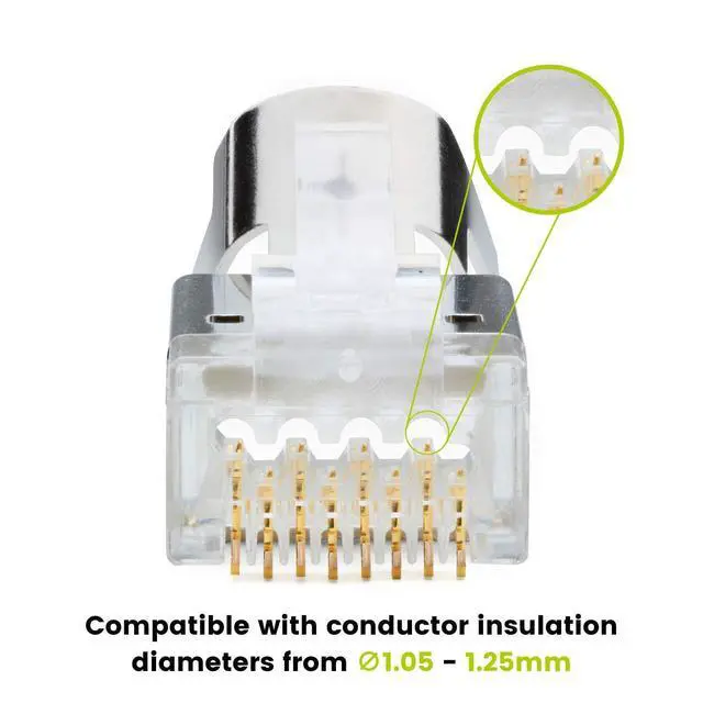 Alt view image 10 of 14 - Cat6/6A RJ45 Pass Through Modular Plugs, Shielded (STP) External Ground Connector, UL Listed, EZ Crimp, Gold Plated 3 Prong 8P8C, 20 Pieces