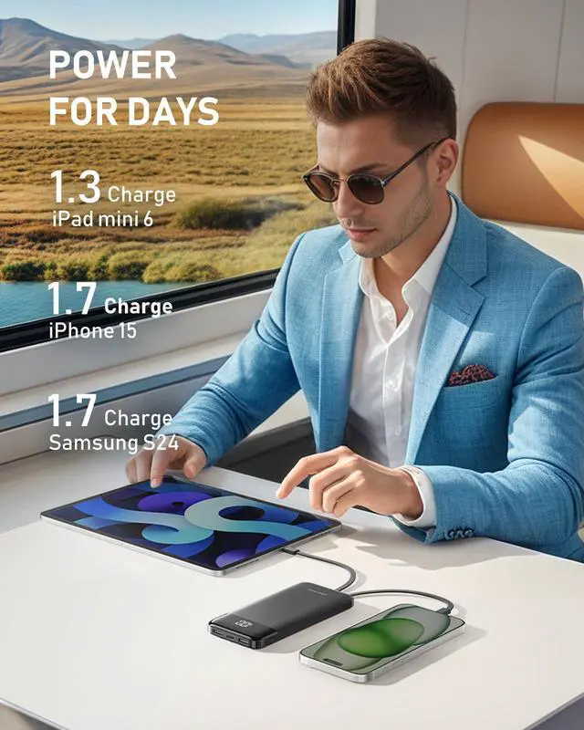 Alt view image 13 of 14 - 10000mAh Portable Charger with Built in Cables, 22.5W Travel Essential Power Bank Fast Charging, USB C Battery Pack for iPhone 17/16/15/14/13/12/11 Series, iPad, Samsung, Android, Tablet