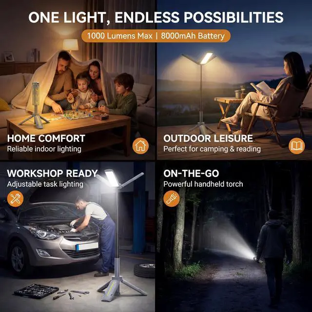 Alt view image 10 of 14 - 40" Telescopic Camping Lights with Stand, 8000mAh Rechargeable LED Work Light & Camp Lantern, 1000LM Portable Tripod Lamp, 20H Runtime for Power Outages, Survival Gear and Camping Essentials