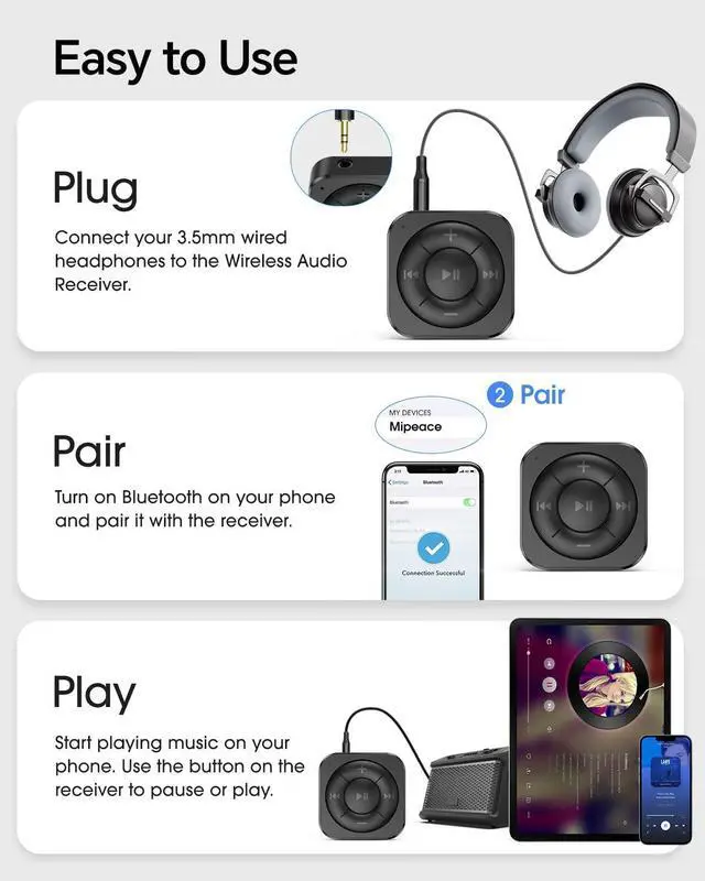 Alt view image 12 of 12 - Bluetooth 5.3 Audio Receiver for Wired Headphones, Car & Speakers, Bluetooth Headphone Adapter with Built-in Mic, Clip-On & Pass-Through Charging-BK