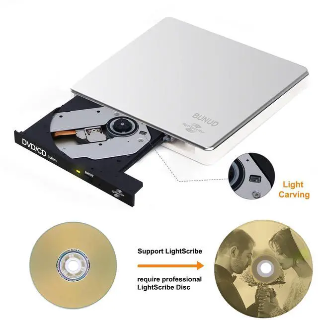 Alt view image 9 of 14 - External CD DVD Drive LightScribe CD/DVD +/-RW Burner Player Writer Optical Disk Reader Portable CD DVD Drive for Laptop Mac MacBook PC Windows 11 10 Linux OS