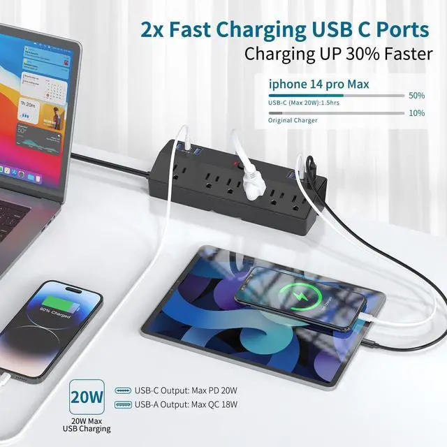 Alt view image 9 of 14 - Desk Clamp Power Strip with 40W Fast Charging Station, 10FT Flat Plug Desk Mount Power Strip Surge Protector, Removable Extension Cord with 2 USB-C Ports 6 Outlets, Fits 1.8" Tabletop Edge