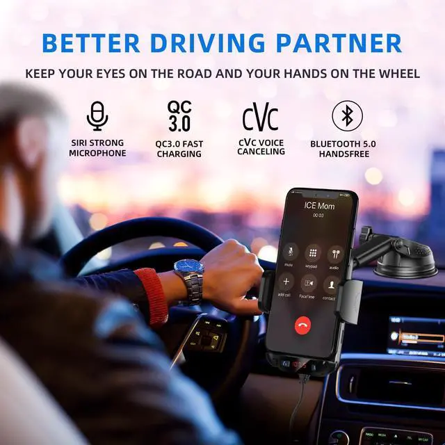 Alt view image 10 of 14 - Bluetooth Car Adapter 3 in 1 FM Transmitter Car Radio Bluetooth Transmitter with Phone Holder, QC3.0 Fast Charging, Strong Microphone, HiFi Bass Sound, Hands-Free Call (Black)