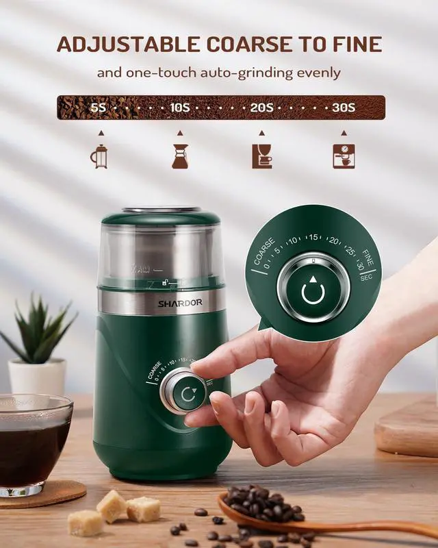 Alt view image 8 of 12 - Electric Super Silent Blade Coffee Grinder, Timed Grind Control Rotary Knob, Adjustable Coarse to Fine for Coffee Beans, Spices & Herbs, with 1 Removable Stainless Steel Bowl, Green