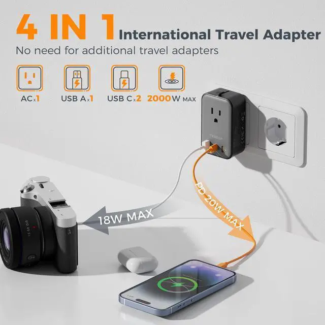 Alt view image 10 of 13 - Travel Adapter PD 20W, Universal Power Adapter 2 USB C 1 USB A, Ultra Thin International Plug Adaptor Worldwide Outlet for US to European UK Italy Spain New Zealand (Type C G A I), 1 Pack