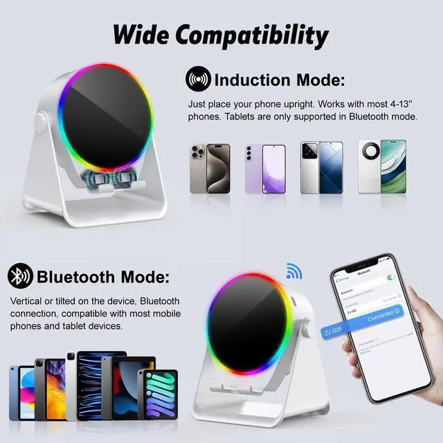 Alt view image 9 of 13 - Wireless Induction Speaker, 4 in 1 Bluetooth Speaker Phone Stand with RGB Light, 360° Rotation Phone Holder Compatible with iPhone Android iPad Samsung Galaxy, Ideal Birthday Gift for Men Women