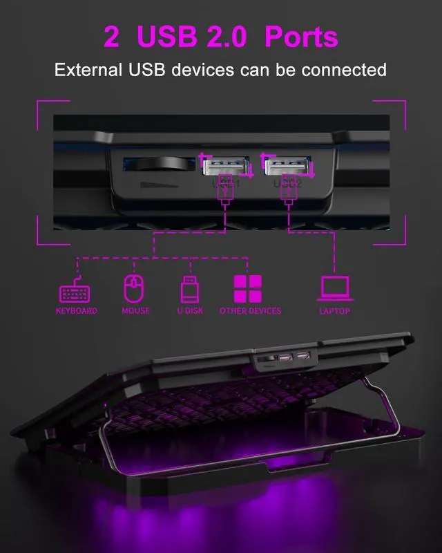 Alt view image 11 of 12 - Upgrade Laptop Cooling Pad, KeiBn Laptop Cooler 2 Fans for 10-15.6 Inch Laptops, 5 Height Stands, 2 USB Ports (S039-Purple)