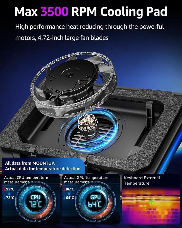 Alt view image 10 of 14 - RGB Laptop Cooling Pad for 13-19 Inch, Max 3500RPM Gaming Laptop Cooler, Cooling Pad Stand with Touch Switch to Control Speed, Laptop Fan Cooling Pad with Powerful 4.72 Inch Turbo Fan