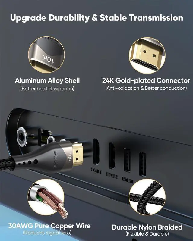 Alt view image 14 of 14 - 10K 8K Short HDMI Cable 6 inch, 48Gbps Ultra High Speed Small HDMI Cable 0.5FT HDMI Cord 2.1 with 8K@60Hz 4K@120Hz, eARC, HDR10+, DTS:X, 3D for HDMI Switch/Laptop/Apple TV/Fire TV/Monitor/PS5