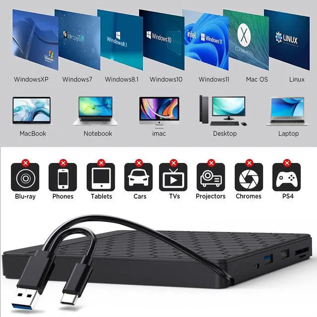 Alt view image 9 of 14 - External CD/DVD Drive for Laptop, CD Burner with 2 USB Ports &TF/SD Card Slots, DVD Player for Laptop, USB 3.0 DVD Drive External CD Reader Compatible with Laptop Desktop PC Windows 11/10/8.1/7 Mac