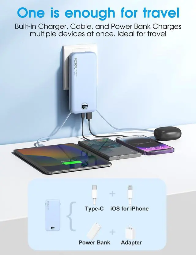 Alt view image 11 of 14 - Portable Charger with Built-in Cables and Wall Plug, 10000mAh PD20W USB C Power Bank Fast Charging with LED Display, External Battery Pack Travel Essentials Compatible with iPhone, iPad, Samsung Blue