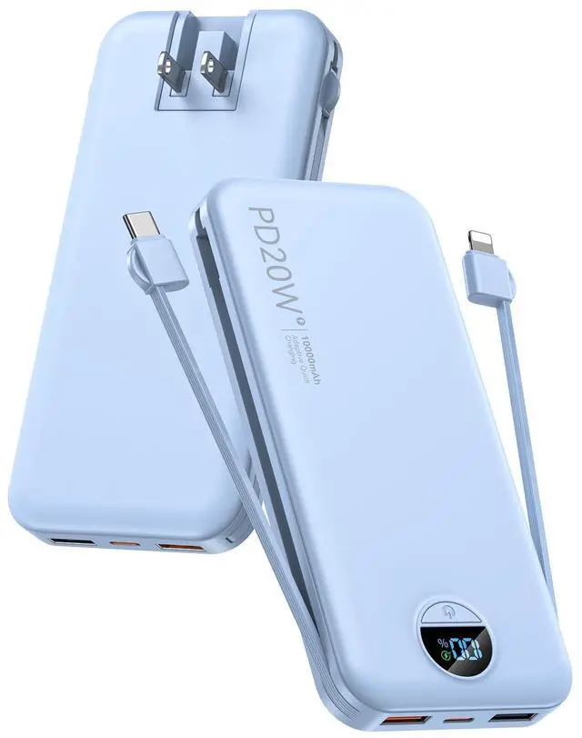 Alt view image 8 of 14 - Portable Charger with Built-in Cables and Wall Plug, 10000mAh PD20W USB C Power Bank Fast Charging with LED Display, External Battery Pack Travel Essentials Compatible with iPhone, iPad, Samsung Blue
