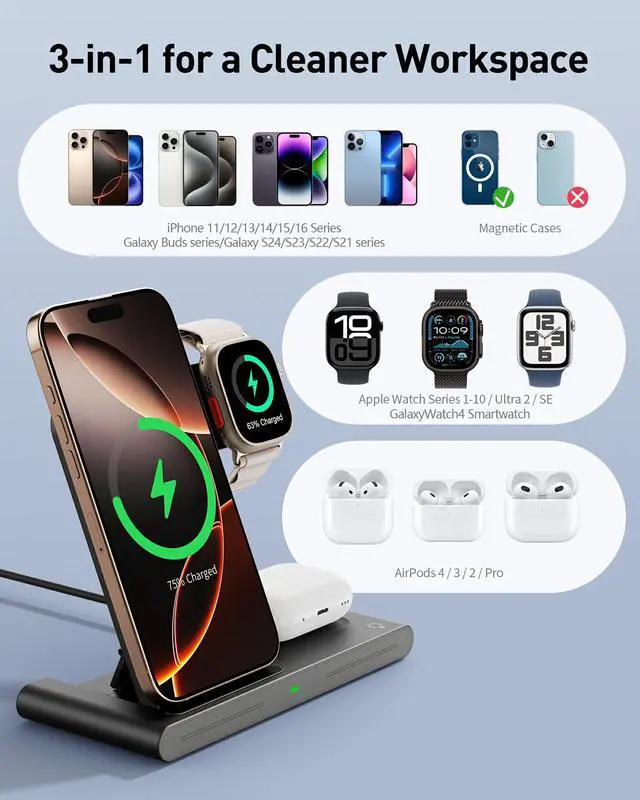 Alt view image 9 of 14 - 2026 Wireless Charger for Apple and Android Charging Station,3 in 1 Fast Max Charging for iPhone 16 15 14 13 12 Pro Max Plus, Apple Watch Series & Air pods 4 3 2 Pro, Android Samsung Galaxy Series