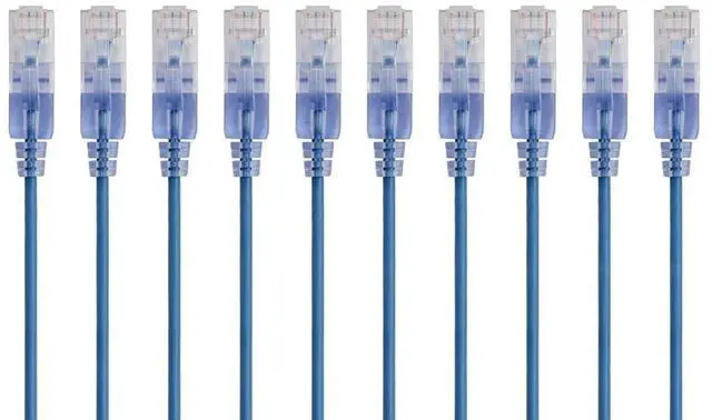Alt view image 6 of 10 - Cat6A 6in Blue 10-Pk Patch Cable UTP 30AWG 10G Pure Bare Copper Snagless RJ45 SlimRun Series Ethernet Cable