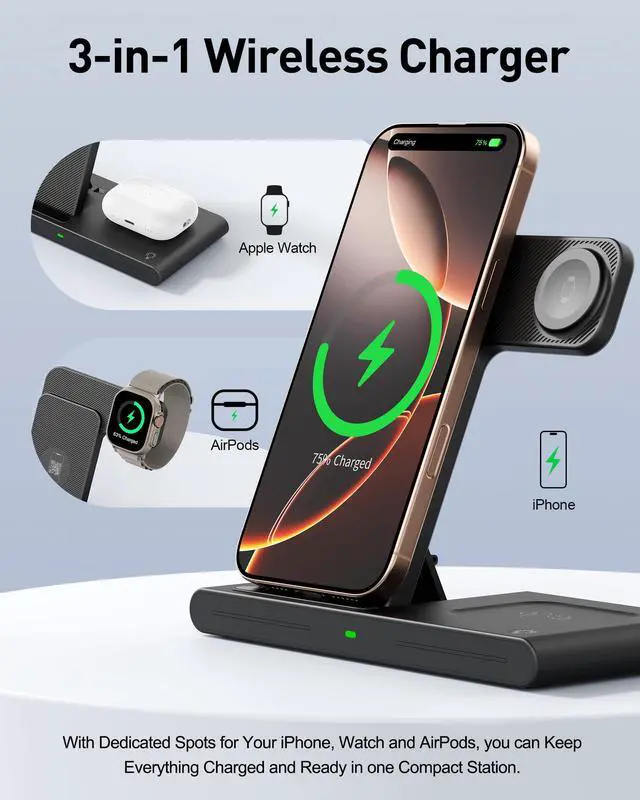 Alt view image 10 of 14 - 2026 Wireless Charger for Apple and Android Charging Station,3 in 1 Fast Max Charging for iPhone 16 15 14 13 12 Pro Max Plus, Apple Watch Series & Air pods 4 3 2 Pro, Android Samsung Galaxy Series