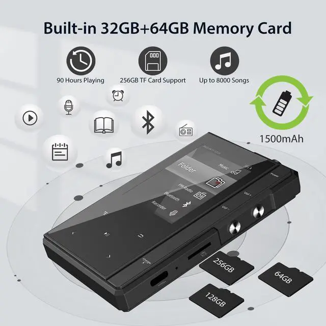 Alt view image 12 of 14 - 96GB MP3 Player with 90 Hours Long Battery Life,Bluetooth 5.0,Z6 Digital Audio Player with Sturdy and Durable Metal Frame, 2.4'' IPS Glass Screen,FM Radio,Support up to 256GB (Black, 96, GB)