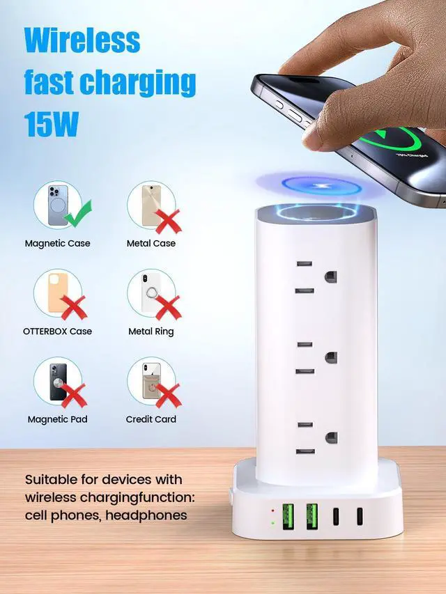 Alt view image 10 of 14 - Tower Power Strip with 15W Wireless Charger, 6FT Flat Plug Extension Cord with Multiple Outlets, 12 AC Outlets, 4 USB Ports (2 USB C) Charging Station Surge Protector for Office Home Dorm Room (White)