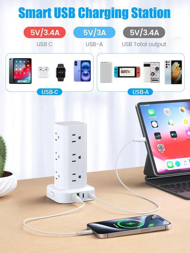 Alt view image 11 of 14 - Tower Power Strip with 15W Wireless Charger, 6FT Flat Plug Extension Cord with Multiple Outlets, 12 AC Outlets, 4 USB Ports (2 USB C) Charging Station Surge Protector for Office Home Dorm Room (White)
